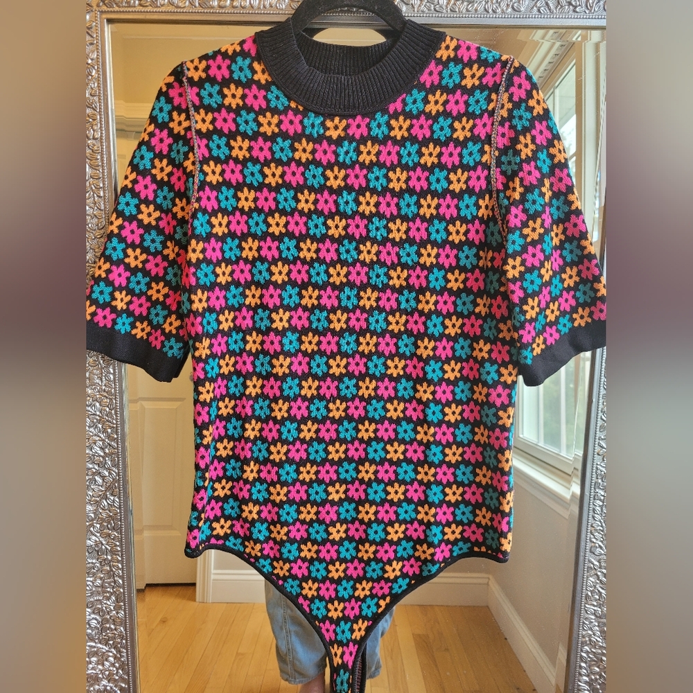 Free People Multicolor Floral Knit Bodysuit - Black, Pink, Blue, Orange, Yellow